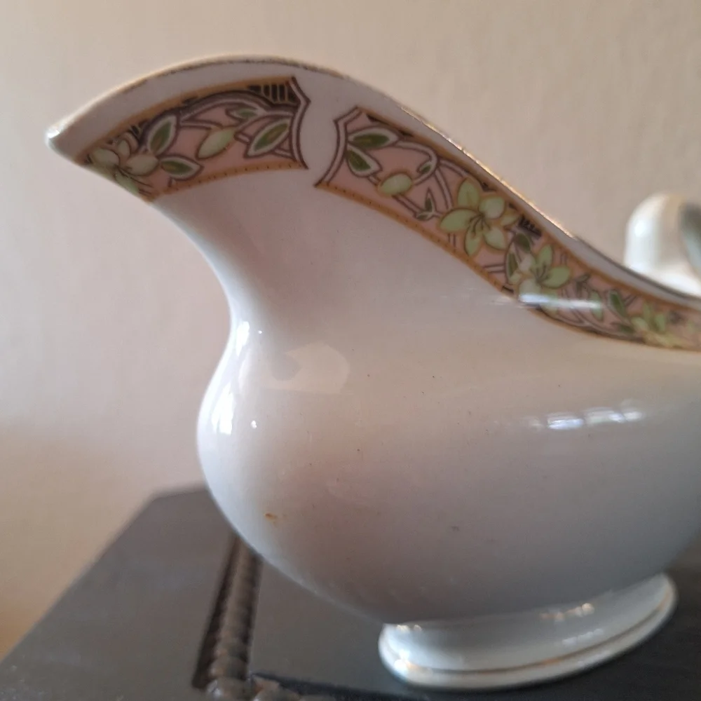 Vintage Johnson Bros England Floral Gravy Boat Pink Green Gold Trim Antique